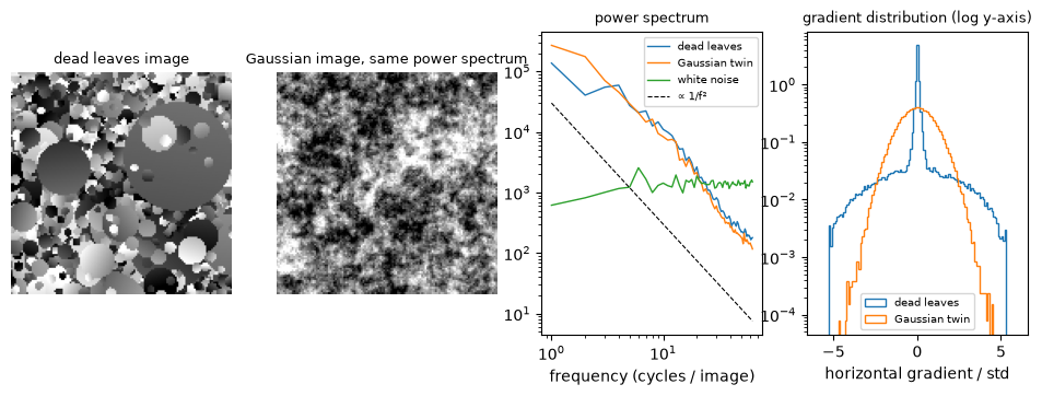 Dead leaves images vs Gaussian images with the same power spectrum